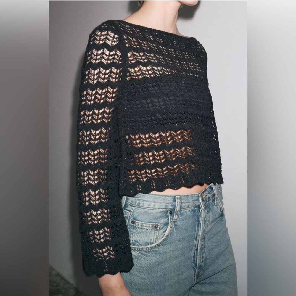 Zara Pointelle Open Knit Crochet Cropped Sweater, Black M New
